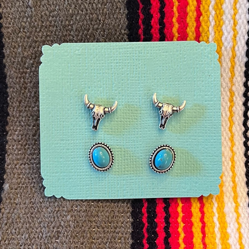Western cowboy rodeo BOHO longhorn and turquoise silver earrings